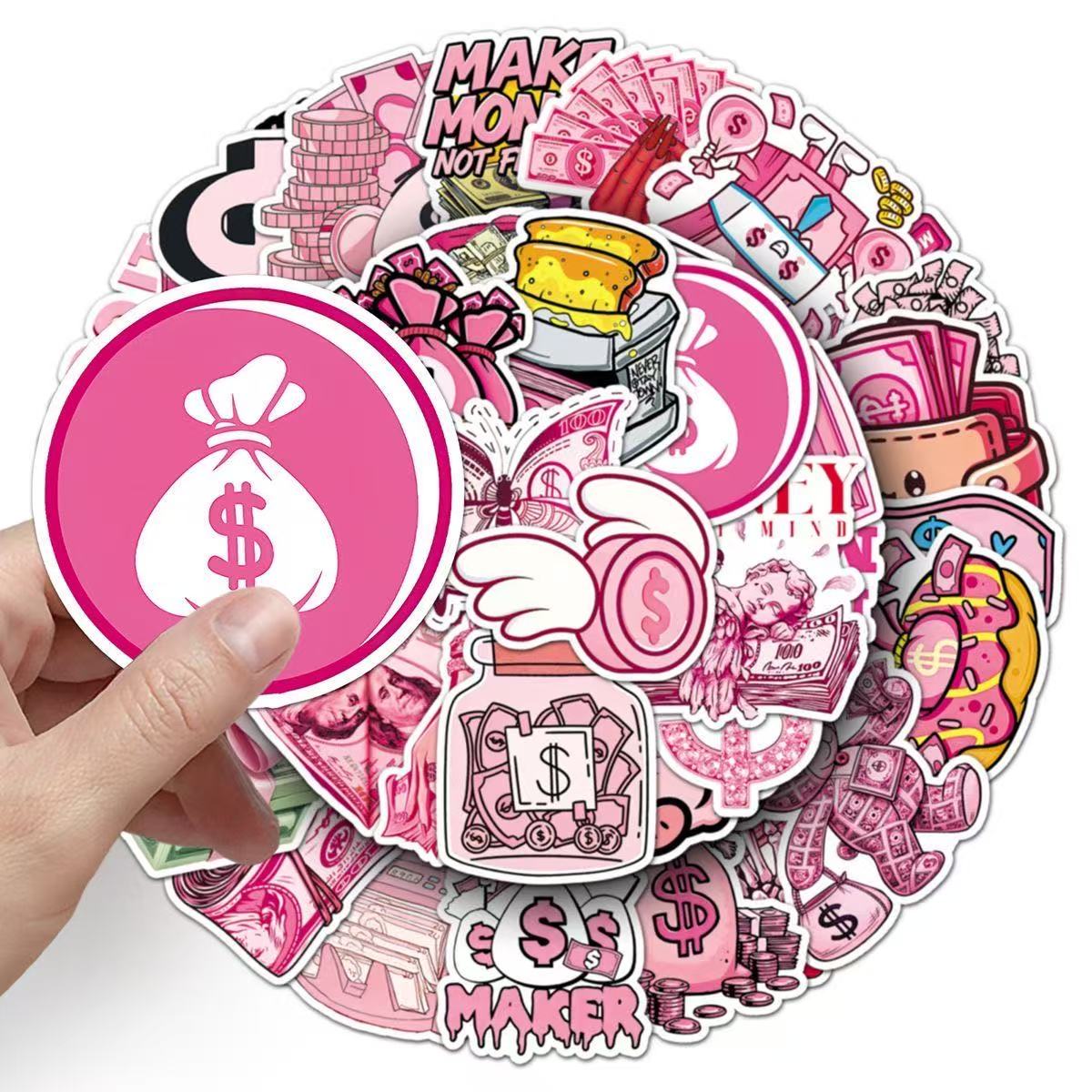 Travel Accessories Pink - 50 Stück niedliche rosa Dollar-Münzen-Cartoon-Aufkleber, trendige,