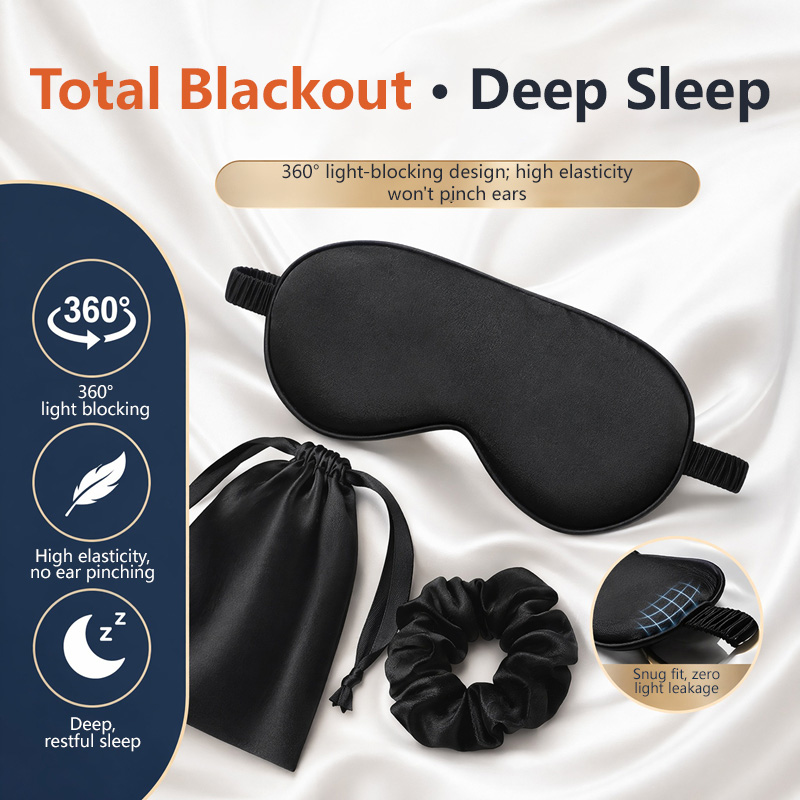 Travel Packing Accessories - Seiden-Augenmaske, 3-teiliges Set, lichtblockierend, druckfrei, Schlaf-Augenabdeckung,