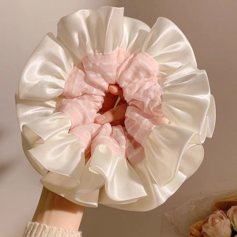 Travel Accessories Pink - Französischer Sanfter Rosa Gestreifter Satin-Haargummi, Großer